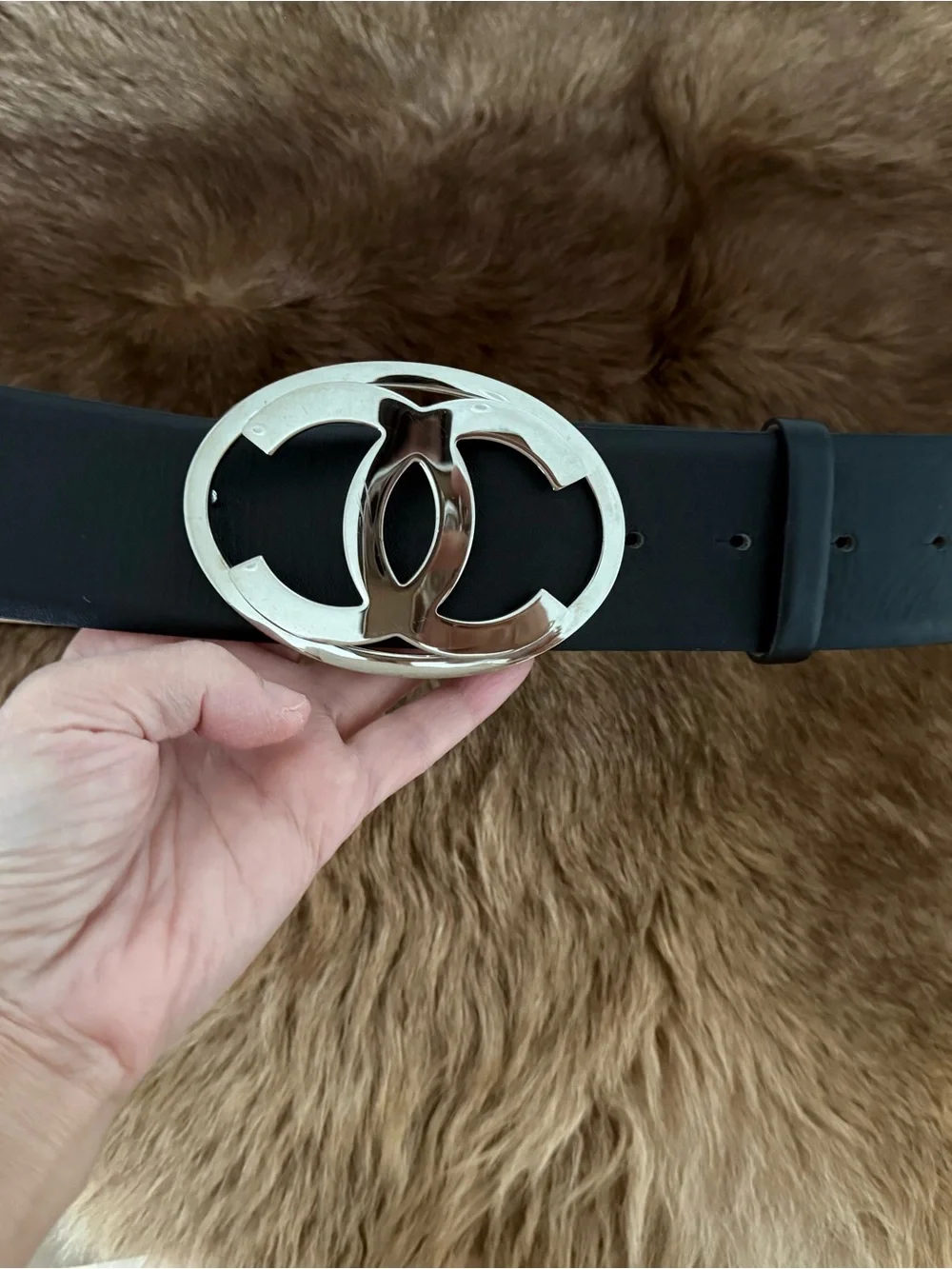 Authentic Pre-owned CHANEL Black Leather Belt with Silver Interlocking CC Buckle
